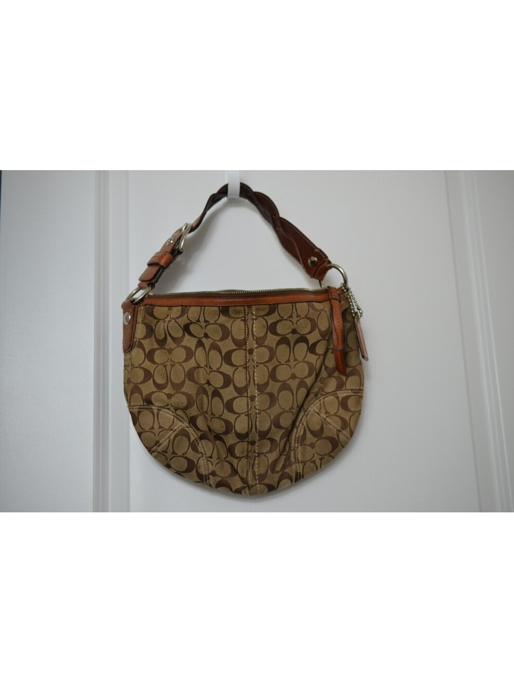 Coach 11858 Signature Jacquard Brown Tan Leather Trim Shoulder Bag Purse
